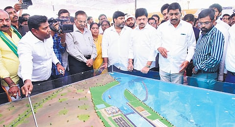 Minister for Infrastructure BC Janardhan Reddy along with Excise Minister Kollu Ravindra inspecting the ongoing port construction works