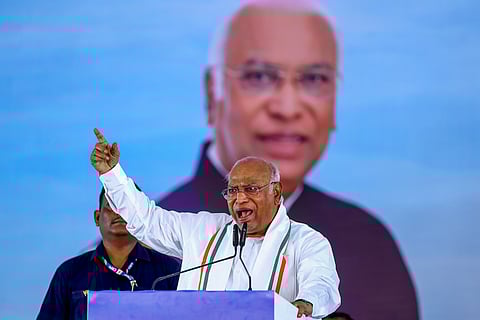 Congress President Mallikarjun Kharge addresses the party's 'Savidhan Bachao Rally' at Ramleela Maidan in Jaipur, Monday, April 28, 2025.