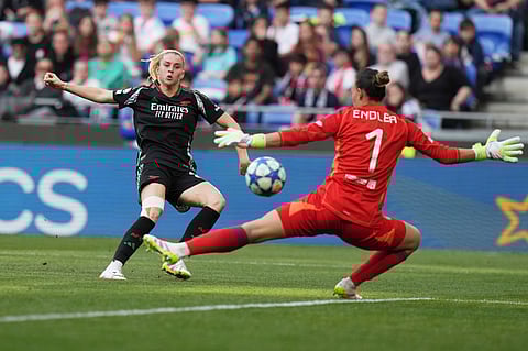 Arsenal's Alessia Russo scores her side's third goal during the women's Champions League semifinals, second leg, soccer match between Olympique Lyonnais and Arsenal at OL Stadium in Decines, outside Lyon, France, Sunday, April 27, 2025.