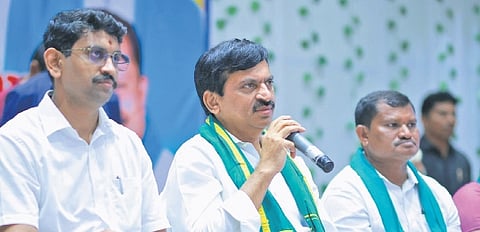 Revenue Minister Ponguleti Srinivasa Reddy at an awareness programme on the Bhu Bharati 2025 Act at Sri Sri Kalyana Mandapam in Aswaraopet mandal, Bhadradri Kothagudem district.