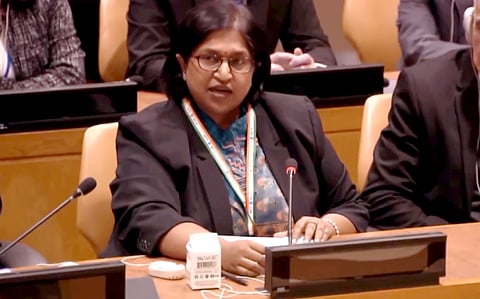 Deputy Permanent Representative to the United Nations Yojna Patel delivering India's statement in New York (Photo | PTI)