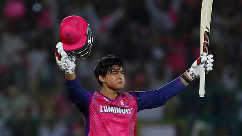 Rajasthan Royals' Vaibhav Suryavanshi celebrates after scoring a century during the Indian Premier League cricket match between Rajasthan Royals and Gujarat Titans at Sawai Mansingh Stadium in Jaipur, India, Monday, April 28, 2025.
