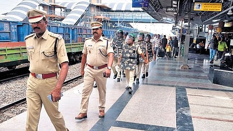 Warangal Railway Protection Force (RPF) personnel conduct a flag march on Monday in the wake of Pahalgam terrorist attack.