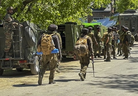 Security personnel conduct a cordon and search operation as a security measure after the recent Pahalgam terror attack, in Anantnag, Jammu and Kashmir