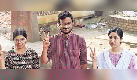 JNUSU president Nitish, general secretary Munteha and V-P Manisha