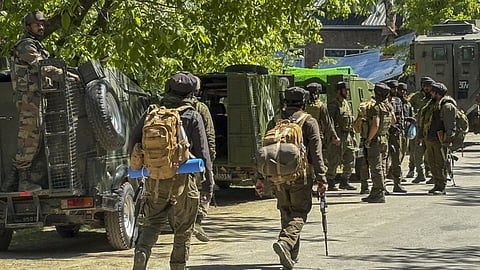 Security personnel conduct a cordon and search operation as a security measure after Pahalgam terror attack in Jammu.