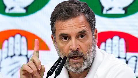Leader of Opposition in the Lok Sabha Rahul Gandhi addresses a press conference at the party office, in New Delhi, Wednesday.