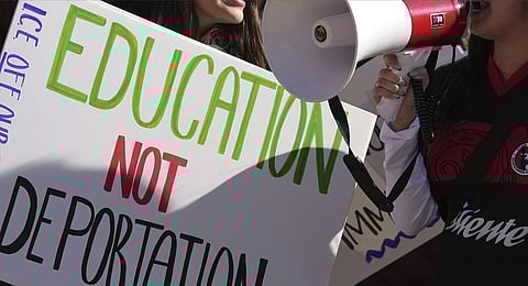 Students march at Arizona State University in protest of ASU's chapter of College Republicans United-led event encouraging students to report "their criminal classmates to ICE for deportations", Jan. 31, 2025, in Tempe, Ariz.