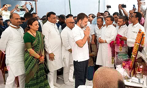 Congress leader Rahul Gandhi pays tribute to Shubham Dwivedi, who was among the 26 people killed in the Pahalgam terror attack, in Kanpur.