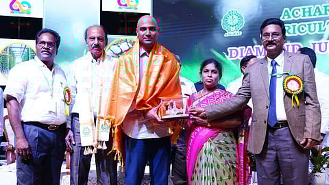 Narasaraopet MP Lavu KRishnadevarayulu was felicitated on the second day of the diamond jubilee celebrations at Acharya NG Ranga Agriculture University on Wednesday.