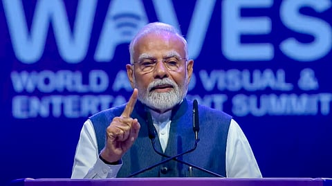 In this screenshot via PMO Youtube on Thursday, May 1, 2025, Prime Minister Narendra Modi addresses the WAVES Summit, in Mumbai.