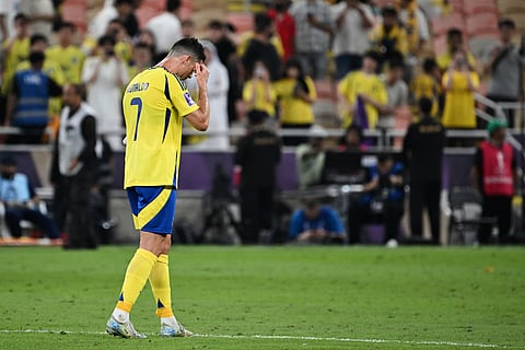 Al Nassr's Cristiano Ronaldo reacts after his team lost to Kawasaki Frontale during a AFC Champions League Elite semifinal soccer match at Alinma Stadium in Jeddah, Saudi Arabia, Wednesday, April 30, 2025.