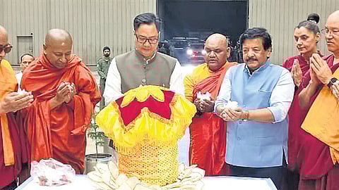 Andhra Pradesh Minister for Culture and Tourism Kandula Durgesh during the historic event aimed at strengthening spiritual and cultural ties between India and Vietnam, the sacred relics of Lord Buddha were ceremonially enshrined at the Vietnam Buddhist University on Friday.