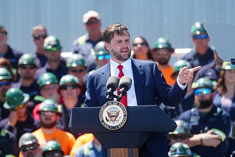 Vice President JD Vance makes remarks during an event to mark the Trump administration's first 100 days at a Nucor Steel Berkeley, Thursday, May 1, 2025, in Huger, S.C.