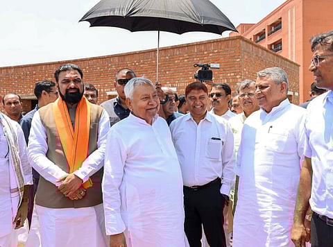 Bihar Chief Minister Nitish Kumar with Deputy Chief Minister Samrat Choudhary during the inauguration of newly constructed sports facilities at the campus of Bihar Sports University and Sports Academy, in Rajgir, Friday, May 2, 2025.