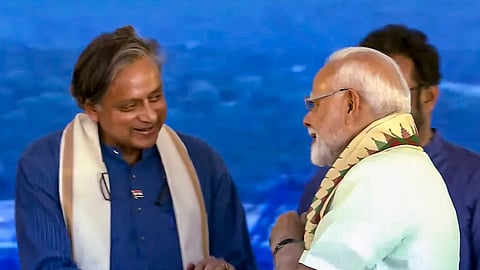 In this screengrab from a video released by PMO on May 2, 2025, Prime Minister Narendra Modi and Congress MP Shashi Tharoor during the inauguration of the Vizhinjam International Seaport, in Thiruvananthapuram.