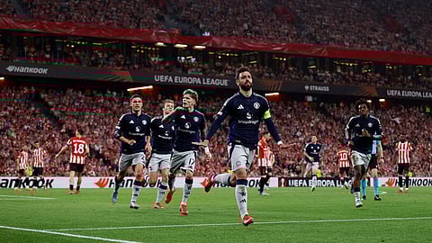 Manchester United’s Bruno Fernandes celebrates scoring his side’s second goal during the Europa League semifinal first leg against Athletic Bilbao at San Mames, Bilbao, Spain, on Thursday.