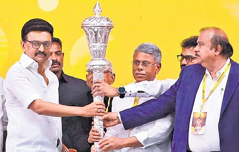 CM Stalin being felicitated by the federation of colleges and universities at Nehru Stadium in Chennai