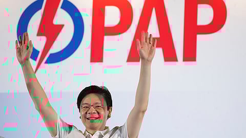 Prime Minister Lawrence Wong's, from People's Action Party (PAP) thanks his supporters and voters at an assembly area for People's Action Party supporters, on the day of the general election in Singapore, Saturday, May 3, 2025.