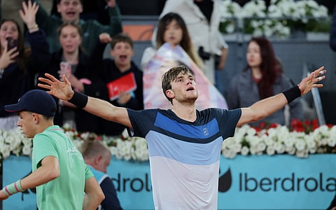 Great Britain's Jack Draper celebrates his victory on Italy’s Lorenzo Musetti at the end of their 2025 ATP Tour Madrid Open tennis tournament semifinals singles match at the Caja Magica in Madrid, on May 2, 2025.