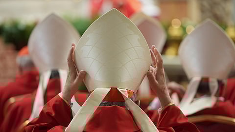 Cardinals attend a mass on the fifth of nine days of mourning for late Pope Francis, in St. Peter's Basilica at the Vatican, Wednesday, April 30, 2025.