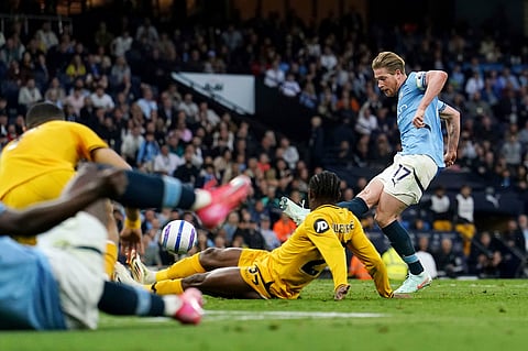 Manchester City's Kevin De Bruyne scores their side's first goal of the game during the EPL soccer match between Manchester City and Wolverhampton Wanderers at Etihad Stadium, Manchester, England, Friday May 2, 2025.