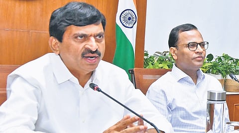 Revenue & Housing Minister Ponguleti Srinivasa Reddy speaks during a review meeting on Bhu Bharati and Indiramma Housing Scheme in Hyderabad on Friday