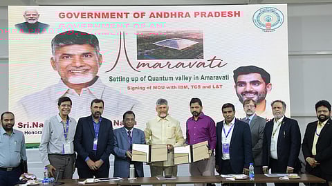 Chief Minister N Chandrababu Naidu with officials after signing a Memorandum of Understanding (MoU) with IBM, TCS and L&T on the Quantum Valley Tech Park at his residence in Undavalli on Friday.
