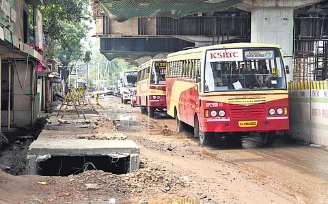 The carriageway near Chandiroor on the Aroor-Thuravoor section, where the elevated highway work is progressing, which often gets waterlogged