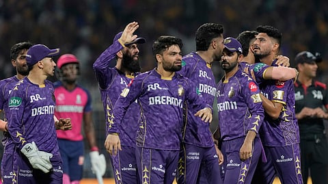 Kolkata Knight Riders players celebrate after winning the Indian Premier League cricket match against Rajashtan Royals at Eden Gardens in Kolkata, India, Sunday, May 4, 2025.