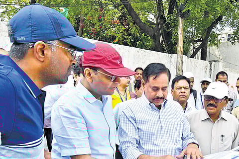 Chief Secretary K Ramakrishna Rao, along with Hyderabad Airport Metro MD NVS Reddy, inspects the Metro Rail corridor in the Old City on Sunday.