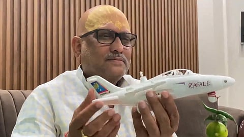 Uttar Pradesh Congress chief Ajay Rai used a toy Rafale fighter jet adorned with lemon and chillies to mock the Modi government’s response to the deadly Pahalgam terror attack