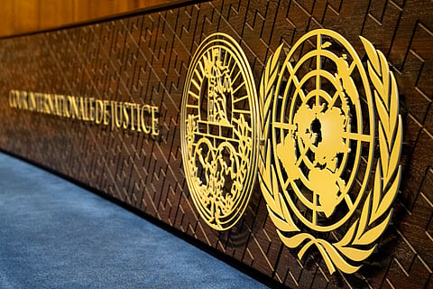 This photograph shows the International Court of Justice (ICJ) logo.