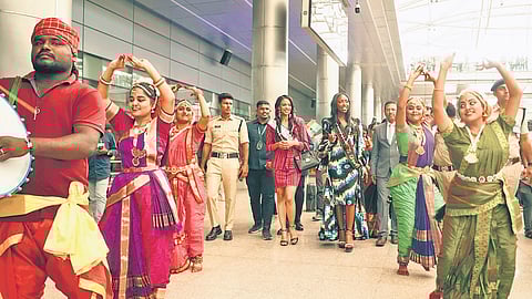 ‘Miss Ghana’ Jutta Ama Pokuah Addo and ‘Miss Namibia’ Selma Carlicia Kamany being accorded a warm welcome upon their arrival in Hyderabad on Monday.