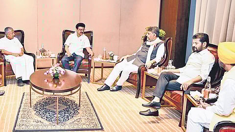 Stalin and other leaders at the Joint Action Committee meeting on delimitation that took place in March in Chennai