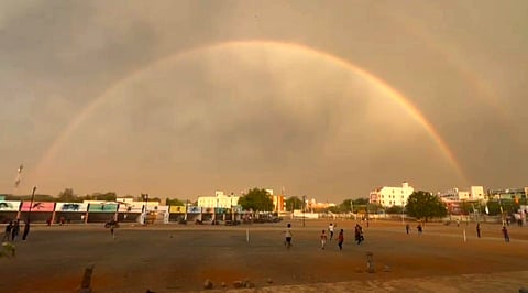 A vibrant rainbow lit up the sky over Dr B.R. Ambedkar Stadium, adding charm to the pleasant evening in Karimnagar on Sunday.