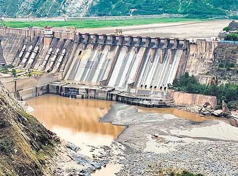 All gates of Salal Dam on the Chenab river in Reasi district, J&K, closed.