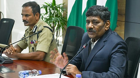 N Madhusudhan Reddy ADG L/O and APFSL Director IG Palraju forensic director addressing the media during the press conference at Mangalgiri on Monday.