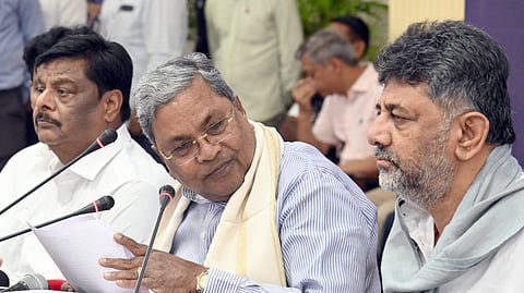 Chief Minister Siddaramaiah and Deputy Chief Minister DK Shivakumar at the press confrence at Vidhana Soudha in Bengaluru on Monday .