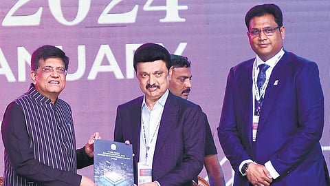The CM, along with Union Minister Piyush Goyal and Industries Minister T R B Rajaa, releasing the TN Advanced Electronics Policy at the GIM event last year