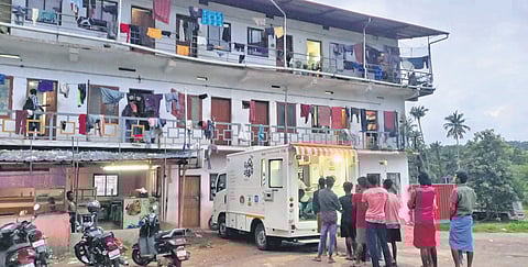 Bandhu Clinic outside a migrant workers’ accommodation facility