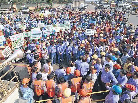 Workers staging protest outside Bhusan Power and Steel plant