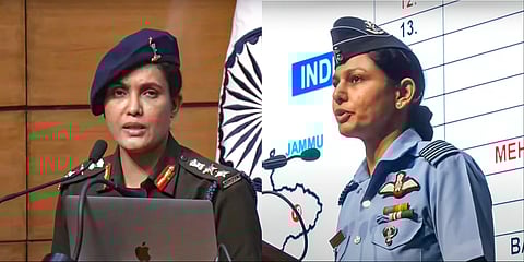 Colonel Sofiya Qureshi and IAF Wing Commander Vyomika Singh during a press conference regarding 'Operation Sindoor', in New Delhi, Wednesday, May 7, 2025.