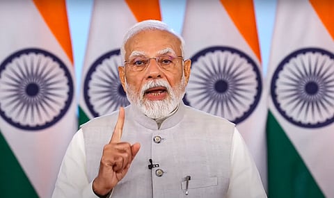 In this screenshot from @NarendraModi via Youtube on May 7, 2025, Prime Minister Narendra Modi addresses the Global Conference on Space Exploration via video conferencing.