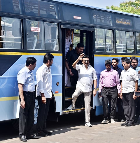 Chief Minister MK Stalin comes out after inspecting the bus during the launch of 214 transport vehicles for different divisions, at a function held at Island grounds in Chennai on Wednesday.