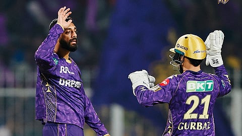 KKR's Varun Chakaravarthy celebrates after taking a wicket during the IPL cricket match against CSK on Wednesday, May 7, 2025.