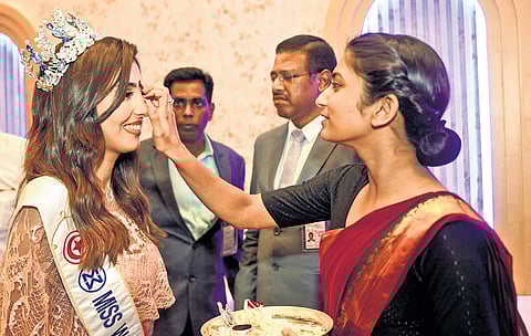 Miss World Tunisie 2025 is welcomed to Hyderabad on Thursday with a traditional ‘tilak’ on her forehead ahead of the 72nd Miss World pageant that starts on Saturday