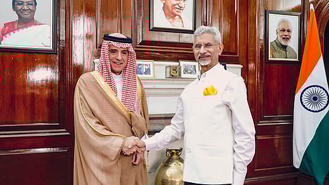 External Affairs Minister S Jaishankar shakes hands with Minister of State for Foreign Affairs of Saudi Arabia Adel al-Jubeir during a meeting, in New Delhi, on May 8, 2025.