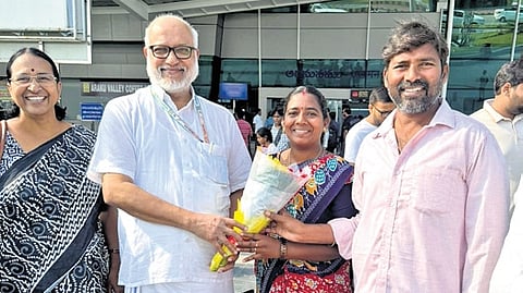 CPIM All India General Secretary MA Baby received welcome from Tirupati District CPM leaders, at Tirupati Airport, on Thursday.