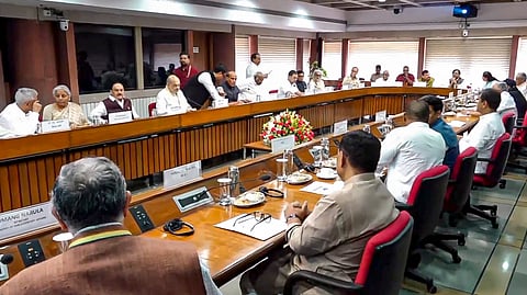 Union Ministers Rajnath Singh, Amit Shah, and JP Nadda; Leader of Opposition in the Lok Sabha Rahul Gandhi, Congress President and Leader of Opposition in the Rajya Sabha Mallikarjun Kharge; and other leaders during an all-party meeting on 'Operation Sindoor' in New Delhi, Thursday, May 8, 2025.